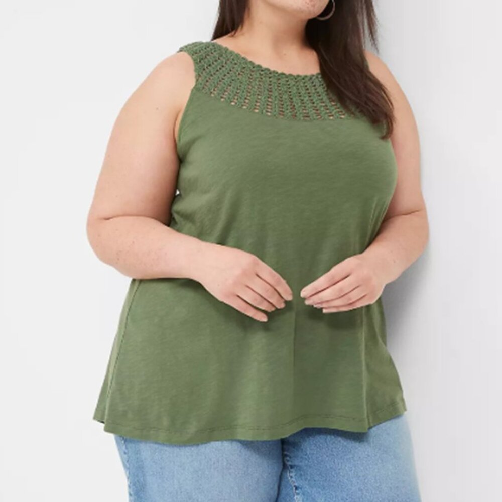 LANE BRYANT UEC Womens Size 14/16 Casual Swing Sleeveless Crochet-Neck Green Top